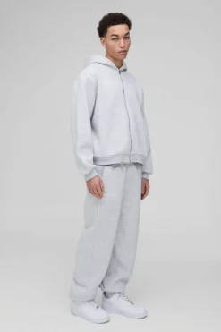 Shop boohooMAN Oversized Boxy Homme Print Zip Through Hooded Tracksuit grey marl