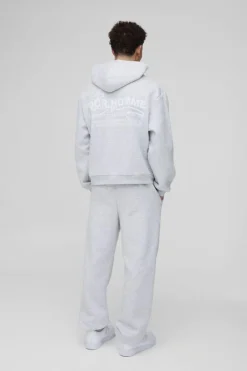 Shop boohooMAN Oversized Boxy Homme Print Zip Through Hooded Tracksuit grey marl