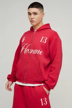 Cheap boohooMAN Oversized Boxy Homme 13 Zip Through Extreme Wide Leg Tracksuit red