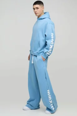 Outlet boohooMAN Oversized Boxy Hooded Wide Pleat Gusset Tracksuit blue