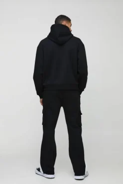 Flash Sale boohooMAN Oversized Boxy Hoodie & Raw Hem Cargo Gusset Jogger Tracksuit black