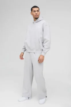 Fashion boohooMAN Oversized Boxy Hoodie & Wide Leg Tie Cuff Tracksuit grey marl
