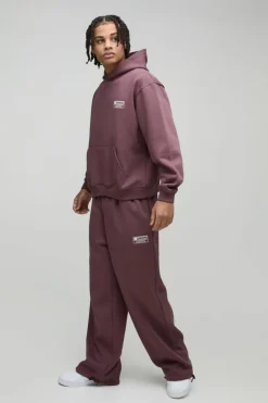 Hot boohooMAN Oversized Boxy Hoodie & Wide Leg Tie Cuff Tracksuit chocolate