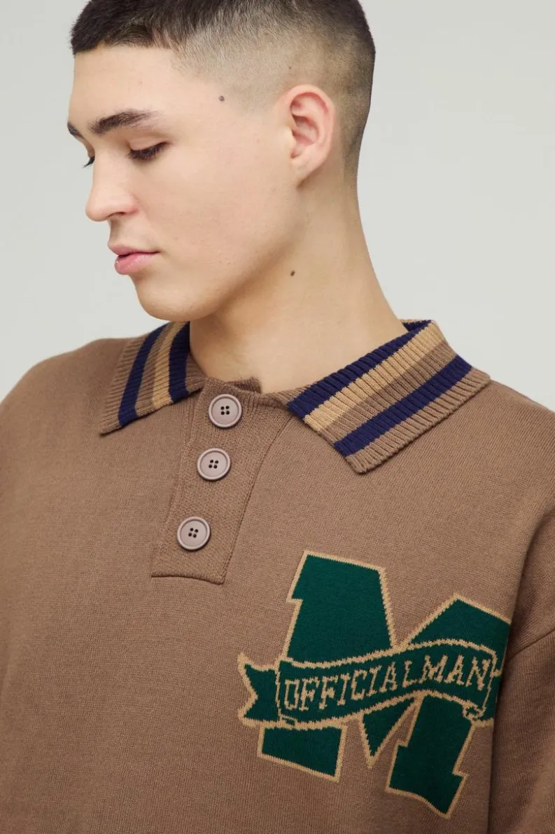 Outlet boohooMAN Oversized Boxy Knitted Applique Polo Shirt tan