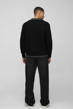 Fashion boohooMAN Oversized Boxy Knitted Revere Contrast Polo black