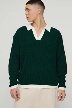 Outlet boohooMAN Oversized Boxy Knitted Revere Contrast Polo forest