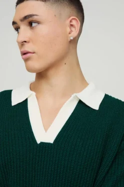 Outlet boohooMAN Oversized Boxy Knitted Revere Contrast Polo forest