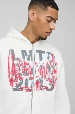Online boohooMAN Oversized Boxy Large Scale Gothic Print Zip Through Hoodie ecru