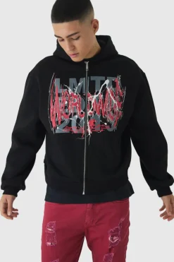 Outlet boohooMAN Oversized Boxy Large Scale Gothic Print Zip Through Hoodie black