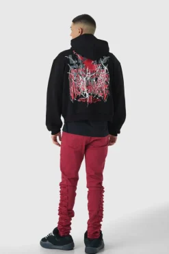 Outlet boohooMAN Oversized Boxy Large Scale Gothic Print Zip Through Hoodie black