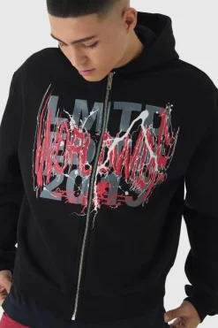 Outlet boohooMAN Oversized Boxy Large Scale Gothic Print Zip Through Hoodie black