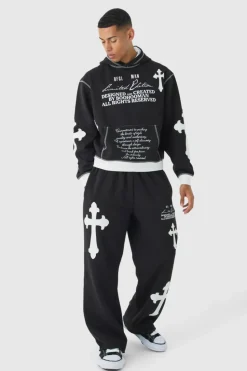 Discount boohooMAN Oversized Boxy Limited Edition Cross Applique Hoodie and Jogger Tracksuit black