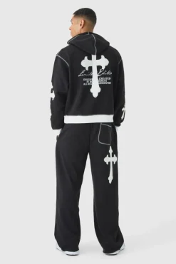 Discount boohooMAN Oversized Boxy Limited Edition Cross Applique Hoodie and Jogger Tracksuit black
