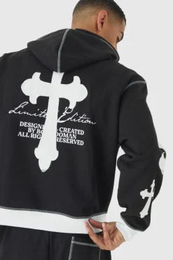 Discount boohooMAN Oversized Boxy Limited Edition Cross Applique Hoodie and Jogger Tracksuit black