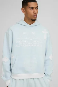Hot boohooMAN Oversized Boxy Limited Edition Cross Applique Hoodie light blue