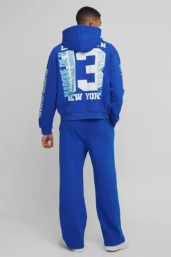 Best boohooMAN Oversized Boxy Limited Varsity Graffiti Zip Through Hooded Tracksuit cobalt