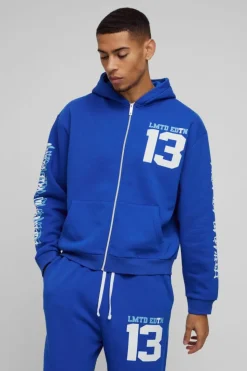 Best boohooMAN Oversized Boxy Limited Varsity Graffiti Zip Through Hooded Tracksuit cobalt