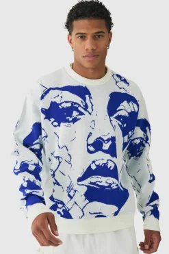 Store boohooMAN Oversized Boxy Line Face Knitted Jumper white