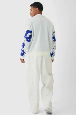 Store boohooMAN Oversized Boxy Line Face Knitted Jumper white