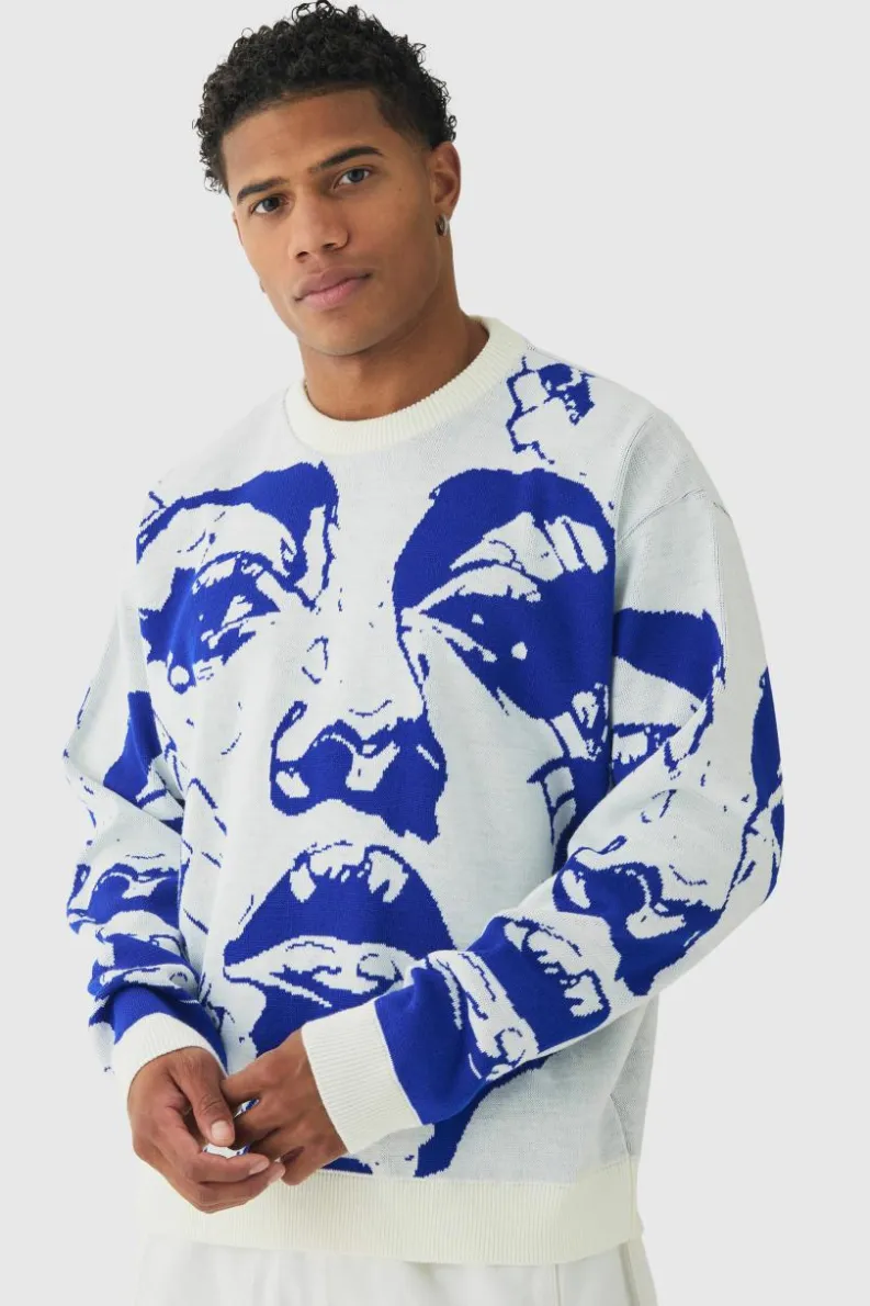 Store boohooMAN Oversized Boxy Line Face Knitted Jumper white