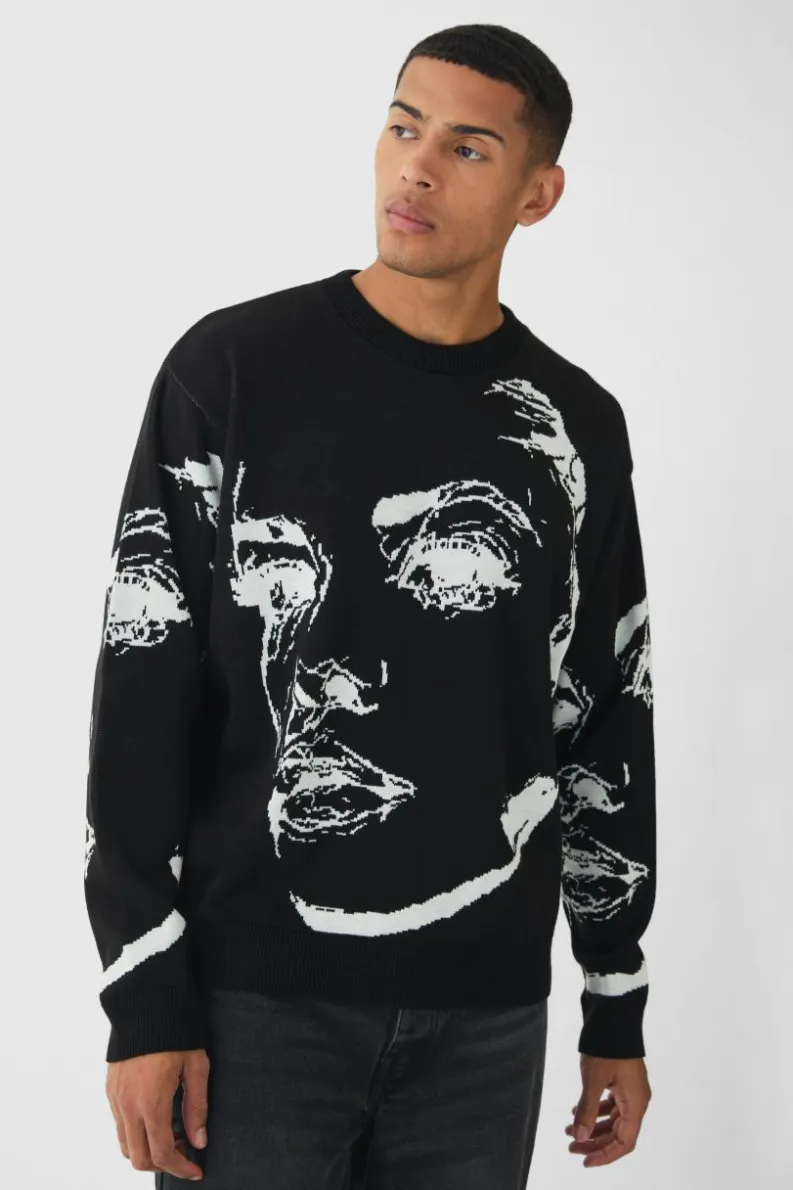 Cheap boohooMAN Oversized Boxy Line Face Knitted Jumper black
