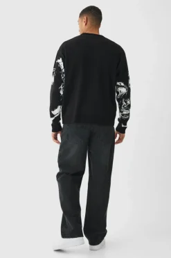 Cheap boohooMAN Oversized Boxy Line Face Knitted Jumper black