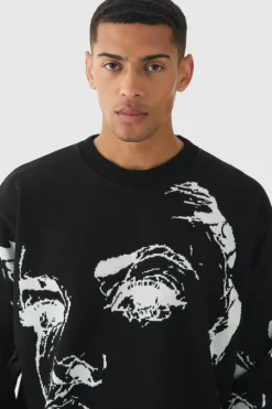 Cheap boohooMAN Oversized Boxy Line Face Knitted Jumper black