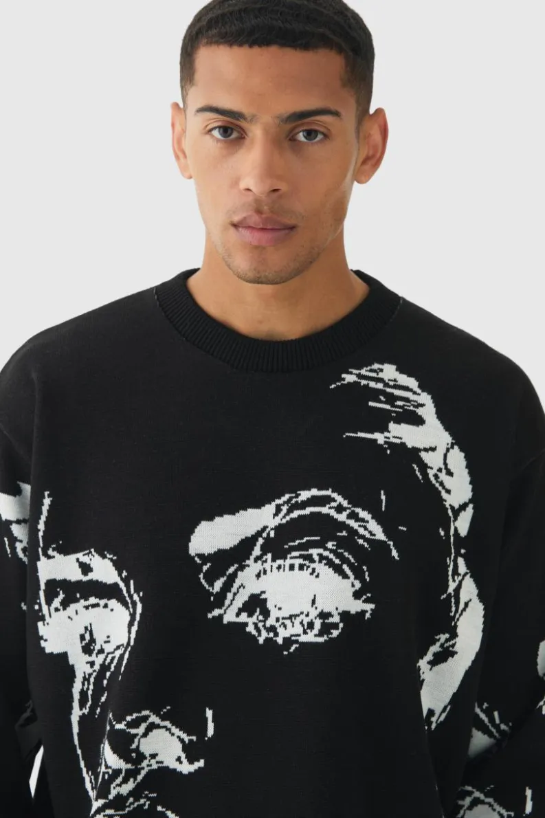Cheap boohooMAN Oversized Boxy Line Face Knitted Jumper black