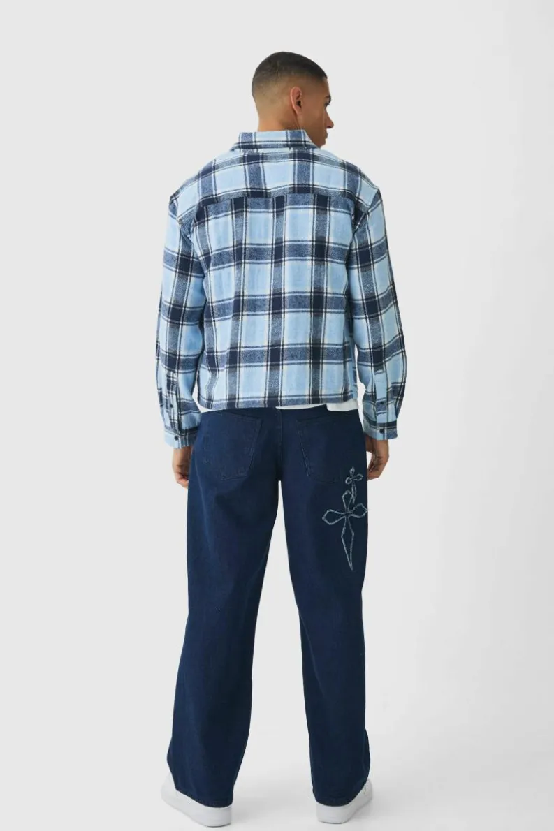 Hot boohooMAN Oversized Boxy Long Sleeve Check Shirt light blue