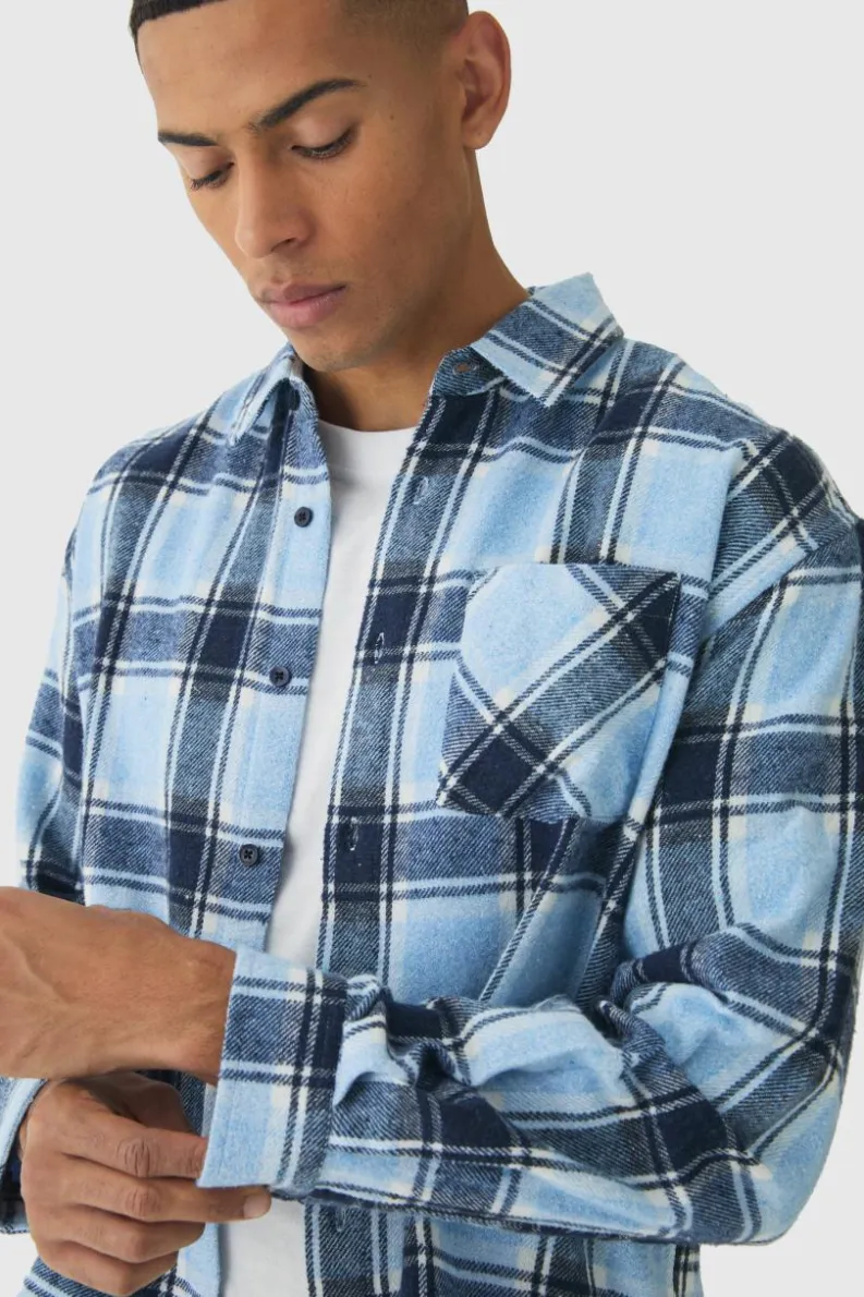 Hot boohooMAN Oversized Boxy Long Sleeve Check Shirt light blue