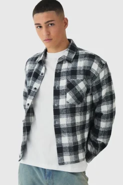 Cheap boohooMAN Oversized Boxy Long Sleeve Check Shirt ecru