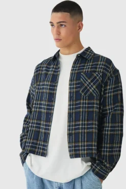 Best Sale boohooMAN Oversized Boxy Long Sleeve Check Shirt navy