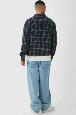 Best Sale boohooMAN Oversized Boxy Long Sleeve Check Shirt navy