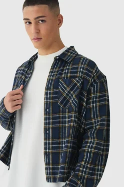 Best Sale boohooMAN Oversized Boxy Long Sleeve Check Shirt navy