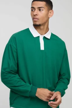Online boohooMAN Oversized Boxy Long Sleeve Contrast Polo forest