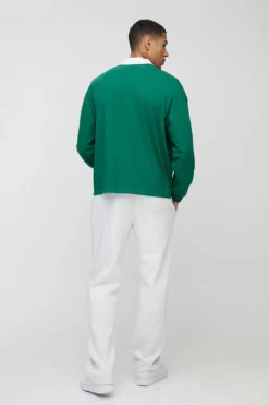 Online boohooMAN Oversized Boxy Long Sleeve Contrast Polo forest