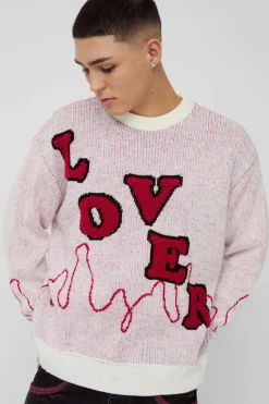 Clearance boohooMAN Oversized Boxy Lover Textured Knitted Jumper white