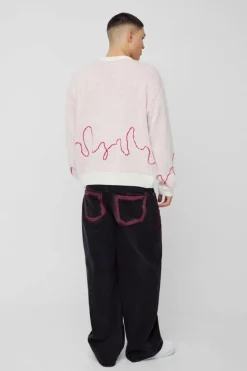 Clearance boohooMAN Oversized Boxy Lover Textured Knitted Jumper white