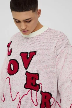 Clearance boohooMAN Oversized Boxy Lover Textured Knitted Jumper white