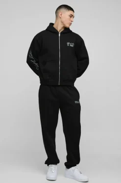 Online boohooMAN Oversized Boxy Man Hooded Zip Through Tracksuit black