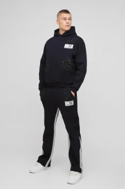 Fashion boohooMAN Oversized Boxy Man Paint Splatter Gusset Hooded Tracksuit black