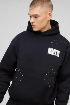 Fashion boohooMAN Oversized Boxy Man Paint Splatter Gusset Hooded Tracksuit black