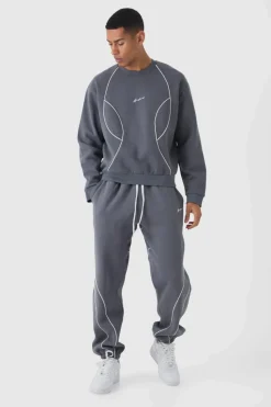 Cheap boohooMAN Oversized Boxy Man Piping Detail Sweatshirt Tracksuit charcoal