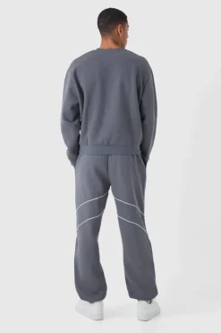 Cheap boohooMAN Oversized Boxy Man Piping Detail Sweatshirt Tracksuit charcoal