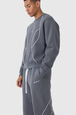 Cheap boohooMAN Oversized Boxy Man Piping Detail Sweatshirt Tracksuit charcoal