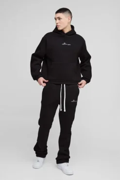Fashion boohooMAN Oversized Boxy Man Print Flare Stacked Hooded Tracksuit black