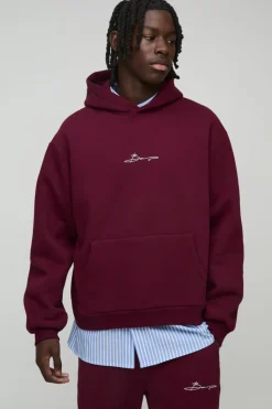Cheap boohooMAN Oversized Boxy Man Print Hoodie burgundy