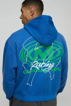 New boohooMAN Oversized Boxy Man Racing Graphic Washed Hoodie dark blue