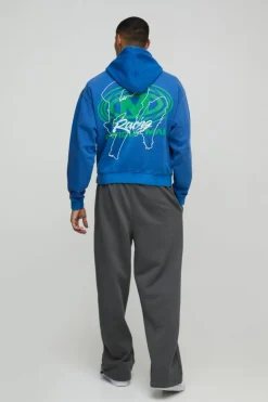 New boohooMAN Oversized Boxy Man Racing Graphic Washed Hoodie dark blue