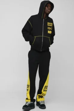 New boohooMAN Oversized Boxy Moto Gusset Zip Through Hooded Tracksuit black